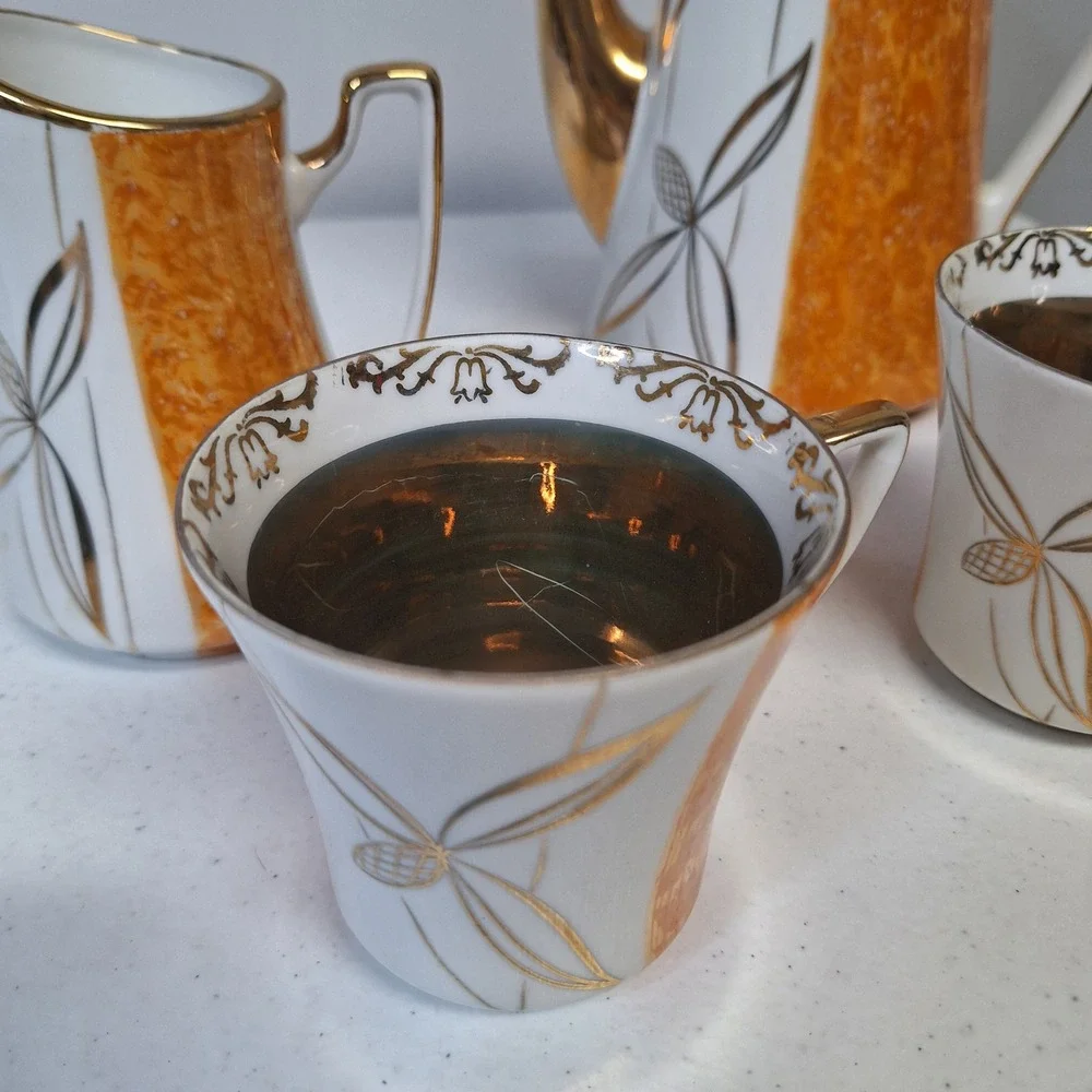 Walbrzych Poland Porcelain Coffee‎ Tea Set Gold Trim Orange Floral Mid Century